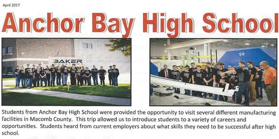 Baker Industries' feature in Anchor Bay High School's newsletter